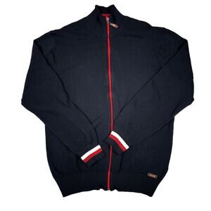 Paul Parker Men's XL Knit Full Zip Modal Cotton Sweater Navy Red White Striped